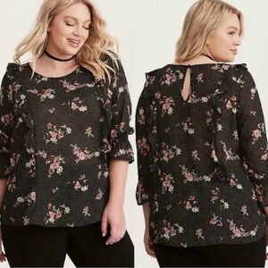 Torrid Black Floral Ruffle Blouse